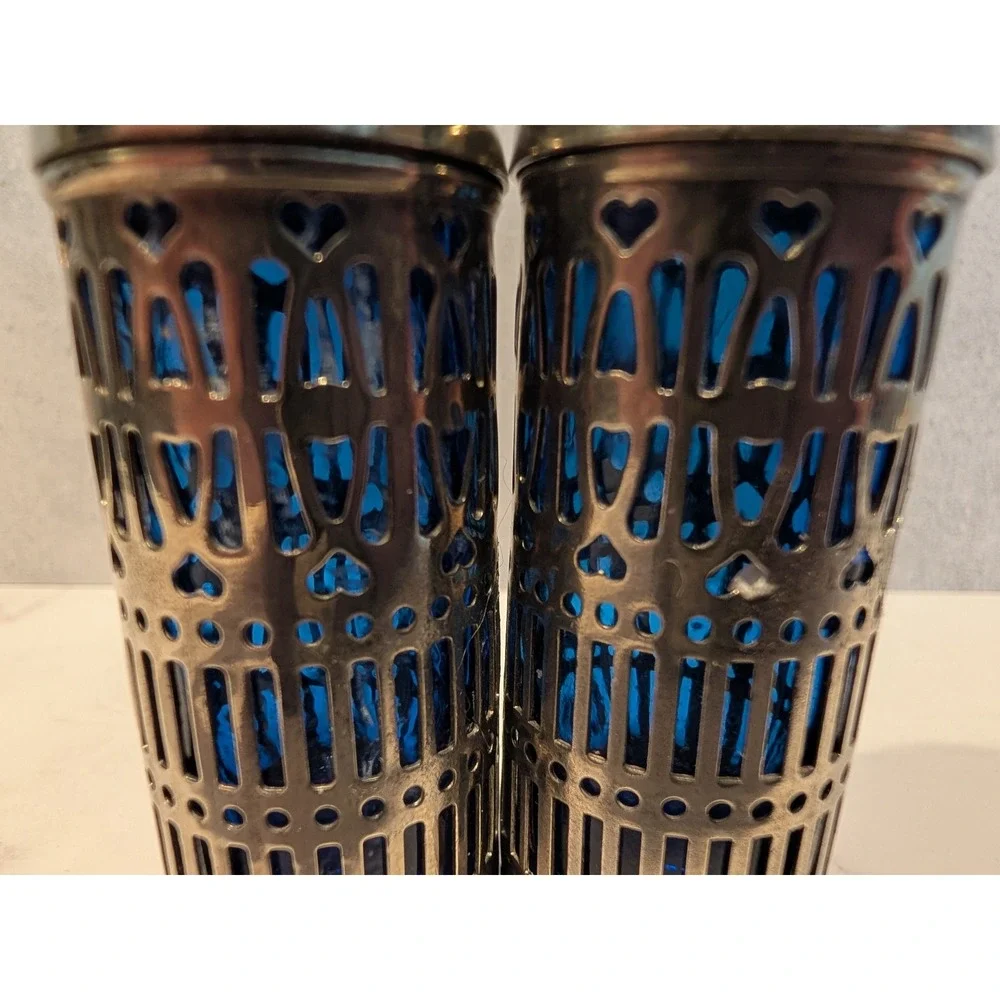 Vintage Cobalt Blue Glass Silver Plated Filigree Salt & Pepper Shakers Hong Kong